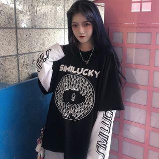 Mock Two-piece Printed Lettering Long-sleeve T-shirt