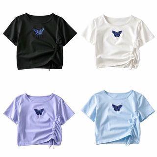 Short-sleeve Butterfly Embroidered Drawcord T-shirt