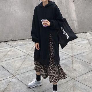 Leopard Print Midi A-line Hoodie Dress