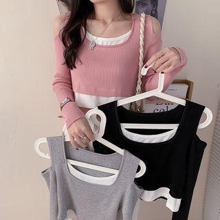 Mock Two-piece Long-sleeve Cold-shoulder Crop Top