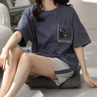 Loungewear Set : Short-sleeve Small Cat Print Top + Shorts