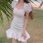 Puff-sleeve Ruffle Hem Mini Sheath Dress White - One Size