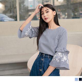 3/4-bell-sleeve Floral Embroidered Pinstriped Top