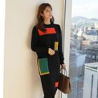 Set: Color-block Sweater + Pencil Skirt Black - One Size