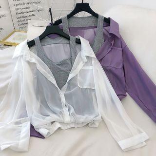 Mock Two-piece See-through Long-sleeve Shirt