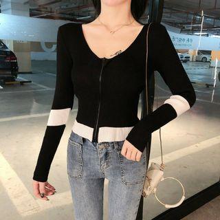 Long-sleeve Color Block Zipped Knit Cardigan White & Black - One Size