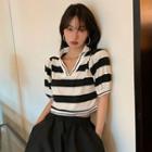 Short-sleeve Striped Collared Cropped T-shirt 5316 - T-shirt - Stripes - Black & White - One Size