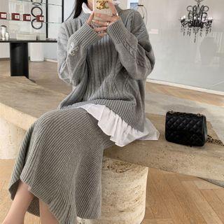 Frill Trim Cable Knit Sweater / Knit Midi A-line Skirt