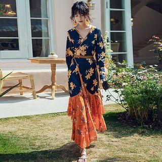 Flower Print Long-sleeve Layered Maxi A-line Dress