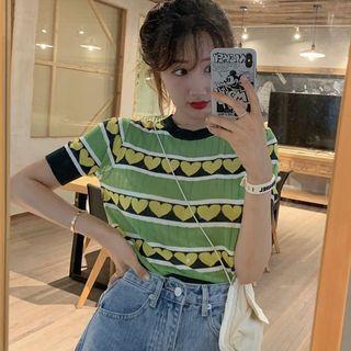 Short-sleeve Heart Pattern Striped Knit Top As Shown In Figure - One Size