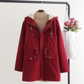 Drawstring-waist Hooded Zip-up Coat