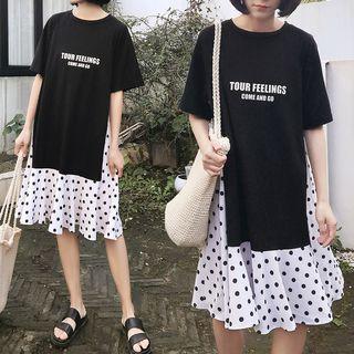 Polka Dot Panel Lettering Short-sleeve Midi T-shirt Dress