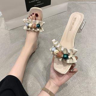 Ruffle Faux Leather Block Heel Slide Sandals