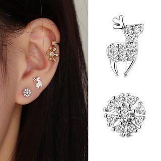 Non-matching Rhinestone Deer & Flower Earring 1 Pair - With Earring Backs - Stud Earring - Snowflake & Elk - Silver - One Size