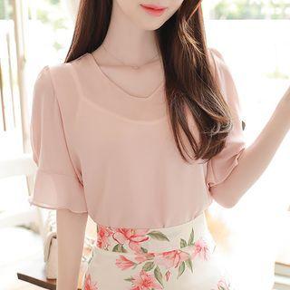Faux-pearl Bell-cuff Blouse