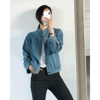 Stand-collar Denim Trucker Jacket Light Blue - One Size