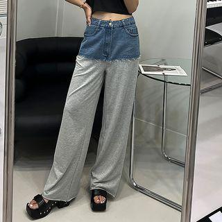 Denim-panel Frayed Wide-leg Pants
