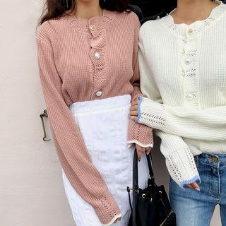 Faux-pearl Buttoned Scalloped Pointelle Cardigan