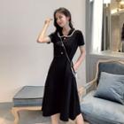 Contrast Trim Short-sleeve Midi A-line Knit Dress Black - One Size