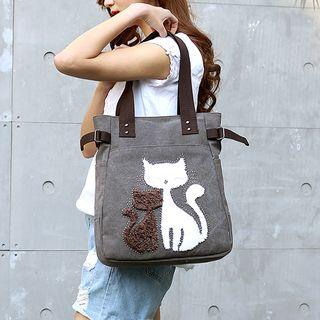 Cat Applique Canvas Tote Bag