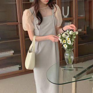 Set: Puff-sleeve Mesh Blouse + Midi A-line Overall Dress