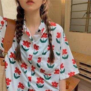 Short-sleeve Flower Print Shirt Flower - Red & Green & White - One Size