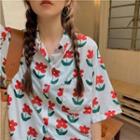 Short-sleeve Flower Print Shirt Flower - Red & Green & White - One Size