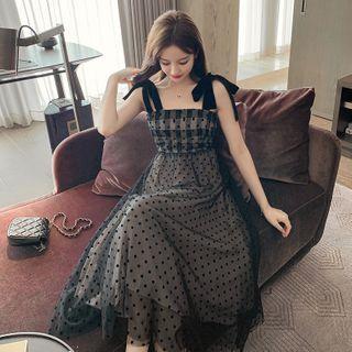 Tie-shoulder Dotted Mesh Overlay Midi Dress