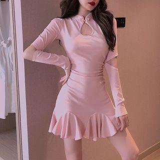 Long-sleeve Mandarin Collar Godet Mini Dress