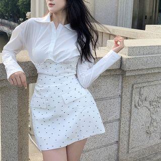 Plain Shirt / High-waist Dotted Underbust Mini Pencil Skirt