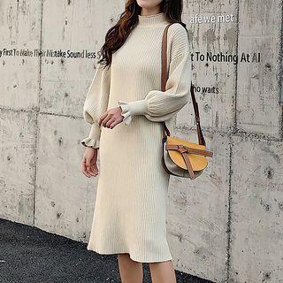 Balloon-sleeve Mock Neck Knit Dress