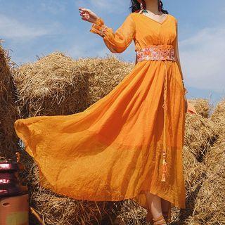 Set: V-neck Embroidered Maxi A-line Dress + Scarf