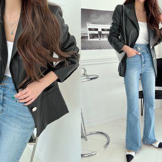 Single-breasted Notch-lapel Pleather Jacket Black - One Size