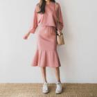 Set: Wide-sleeve Pullover + Band-waist Ruffle-hem Skirt