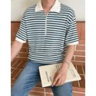 Zip-up Stripe Knit Polo Shirt