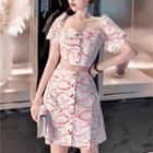 Set: Heart Print Short-sleeve Top + Mini Skirt