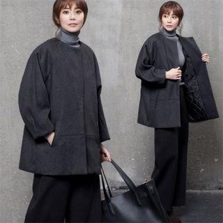 Hidden-button Woolen Jacket Dark Gray - One Size