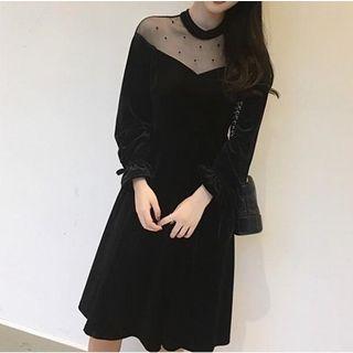 Bell-sleeve A-line Velvet Dress