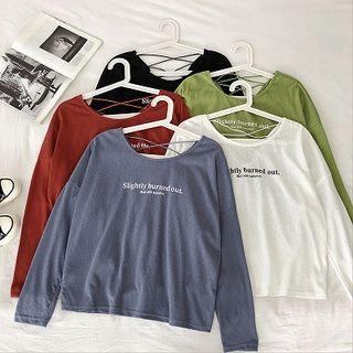 Lettering Print Backless Long-sleeve T-shirt