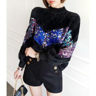 Sequined-detail Furry Knit Top
