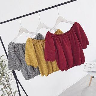 Plaid Short-sleeve Off-shoulder Top