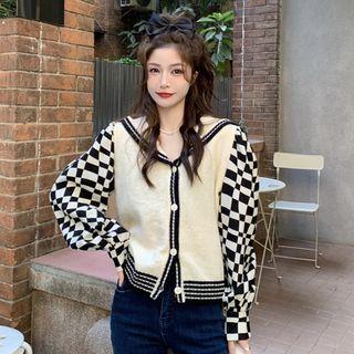 Checker Print Panel Cardigan Sweater - One Size