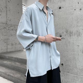 3/4-sleeve Plain Button-up Shirt