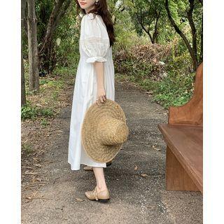 Elbow-sleeve Crew Neck Midi A-line Dress