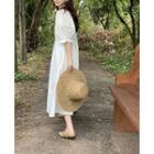 Elbow-sleeve Crew Neck Midi A-line Dress
