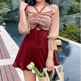 Bell-sleeve Halter Off-shoulder Swim Dress
