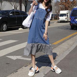 Frill-hem Denim Jumper Dress Blue - One Size