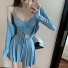 Set: Buttoned Long-sleeve T-shirt + Drawstring Camisole + Mini A-line Skirt