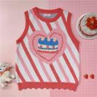 Striped Heart Jacquard Knit Tank Top Red & Pink & White - One Size