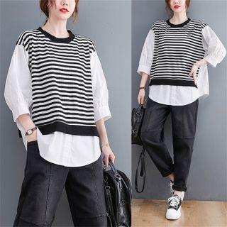 3/4-sleeve Striped Panel Blouse Stripe - Black & White - One Size